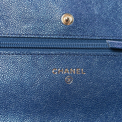 Iridescent Caviar Quilted Wallet on Chain WOC Dark Blue