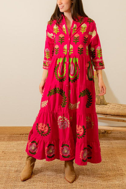 VESTIDO CAMISA FLORES ROSA FUCSIA 