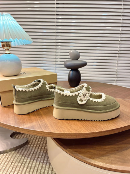 UGG Tazz Mary Jane Shoes Light Olive Green Suede Shearing