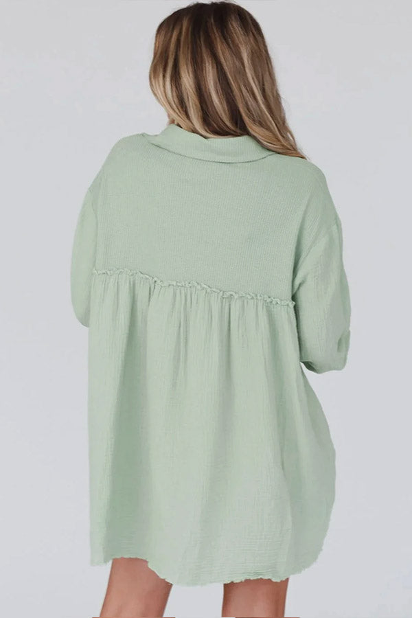 Patchwork Crinkled Puff Sleeve Raw Hem Dress