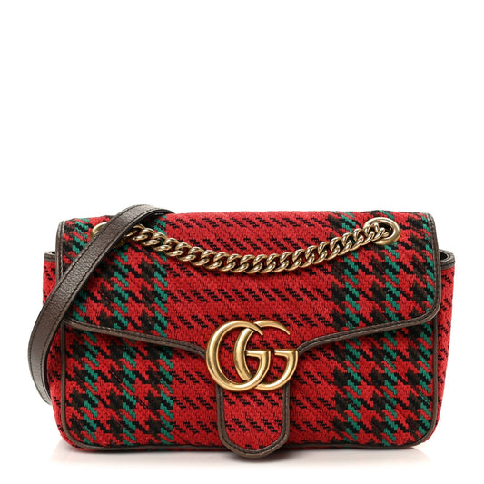 Wool Tweed Textured Dollar Calfskin Matelasse Diagonal Plaid Small GG Marmont Shoulder Bag Red Green Multicolor New Acero