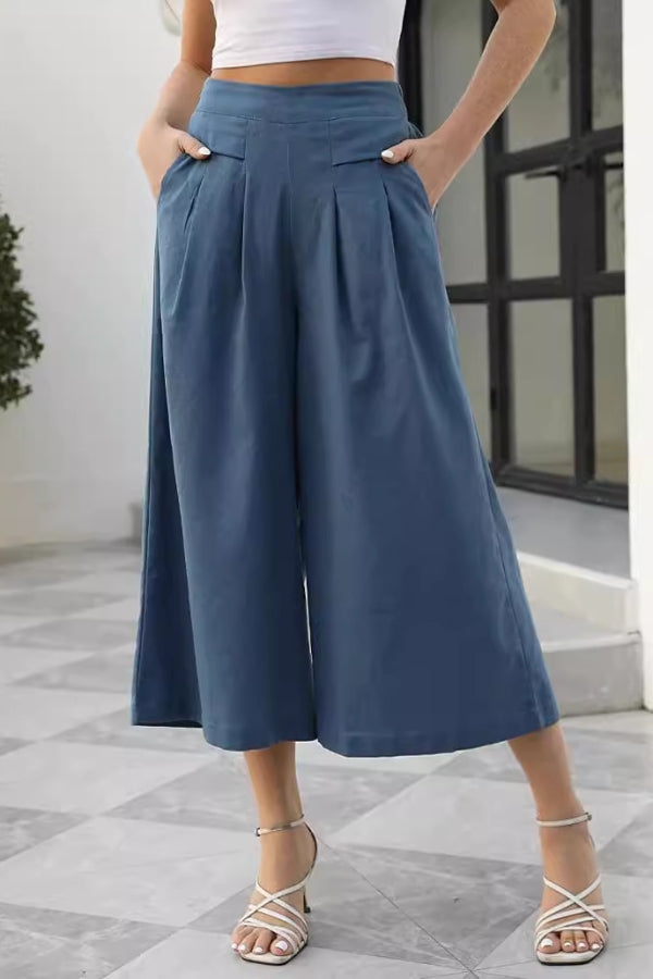 Faldas, tacto algodón, cintura elástica, pierna ancha, pantalones de nueve puntos, ropa de trabajo con bolsillos, pantalones casuales, sueltos