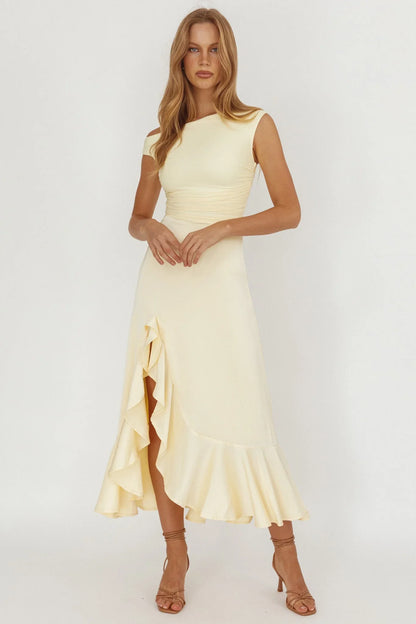 Moonlit Magic Asymmetric Neckline Satin Ruffle Dress Butter