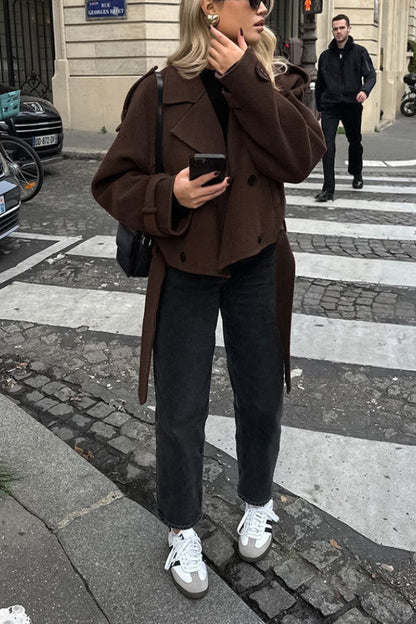 Chaqueta de lana de doble hilera con solapa y temperamento para mujer