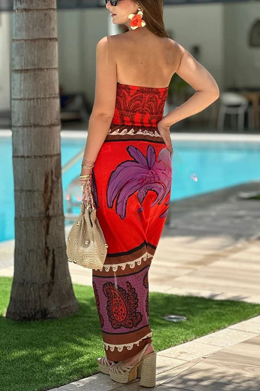 Vestido largo sexy con abertura y cintura alta, elástico y con estampado floral botánico