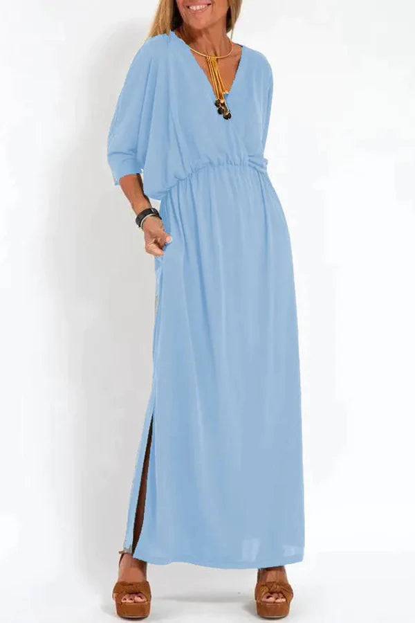 Vestido largo con abertura y bolsillos, manga corta y cintura elástica, comodidad suprema