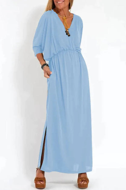 Vestido largo con abertura y bolsillos, manga corta y cintura elástica, comodidad suprema