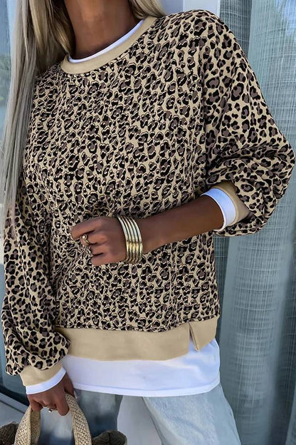 Sudadera holgada informal de manga larga con cuello redondo y estampado de leopardo 