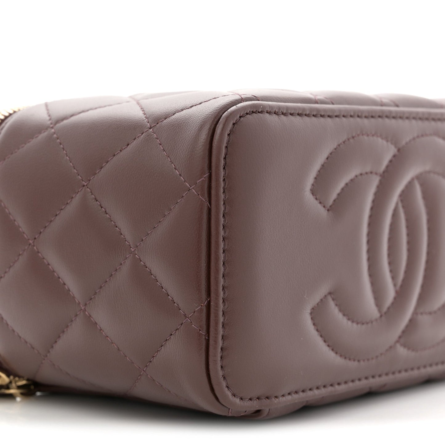 Lambskin Quilted Small Top Handle Vanity Case With Chain Dark Brown