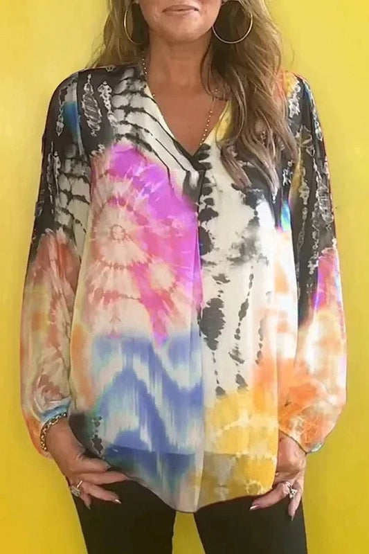 Camisa informal de manga larga con cuello en V y efecto tie-dye degradado de moda