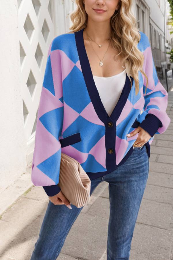 Chaqueta de punto holgada con cuello en V y costuras de diamante en contraste para mujer