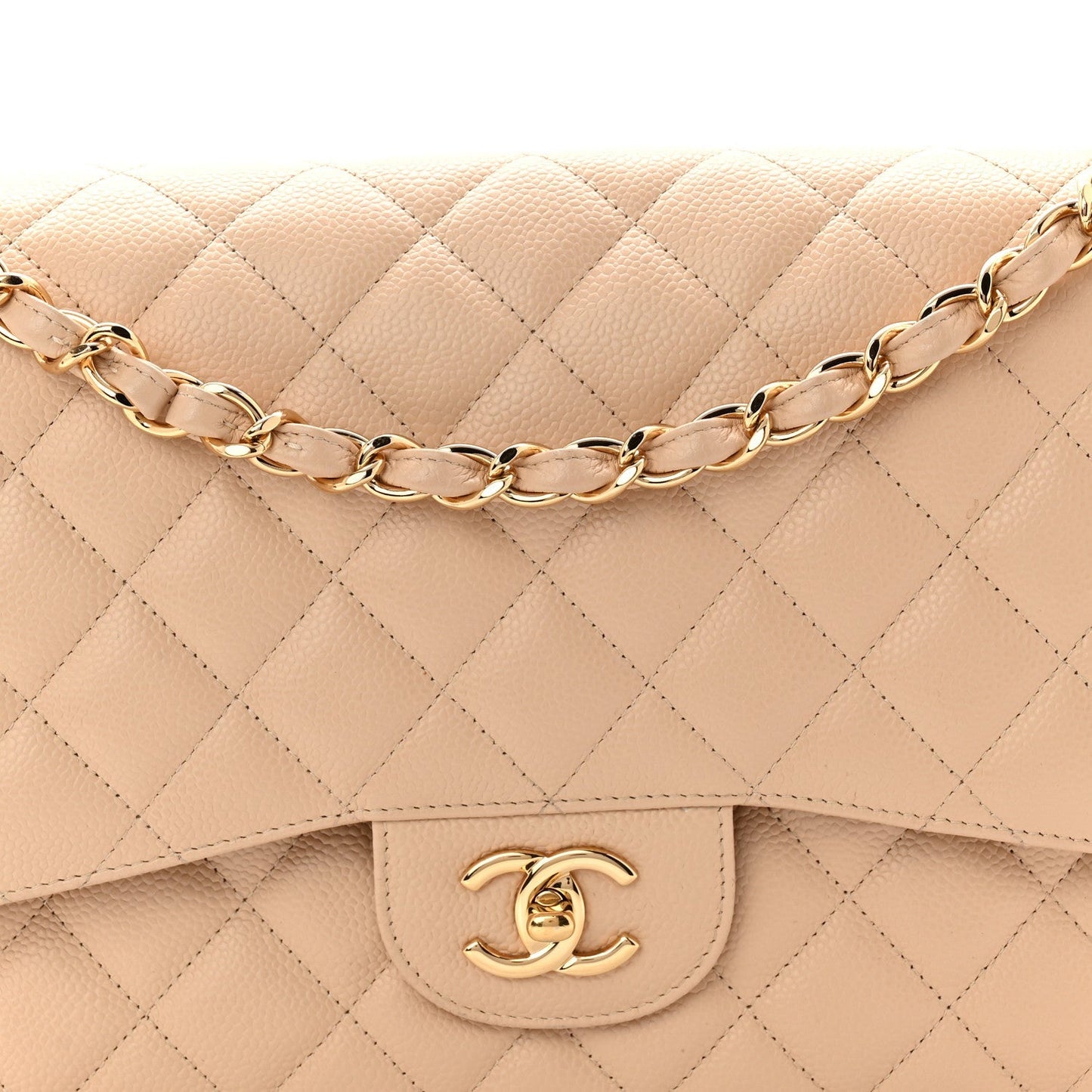 Caviar Quilted Jumbo Double Flap Beige Clair