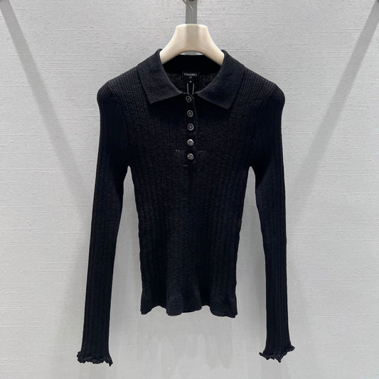 CC 26S Ribbed Knit Long-Sleeve Black Linen Cotton 349013