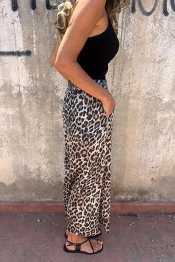 Pantalones anchos con bolsillo y cintura elástica con estampado de leopardo