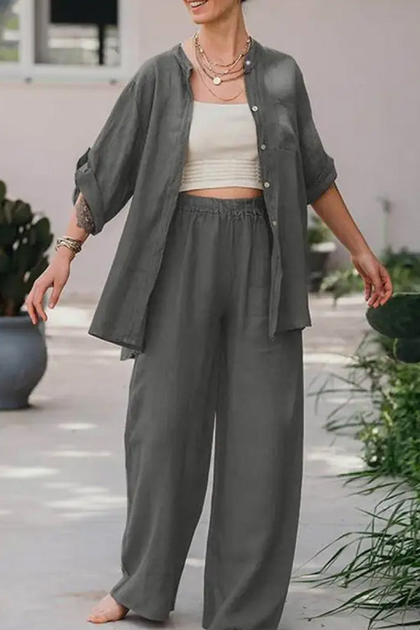 Conjunto de camisa y pantalón de color liso holgado informal