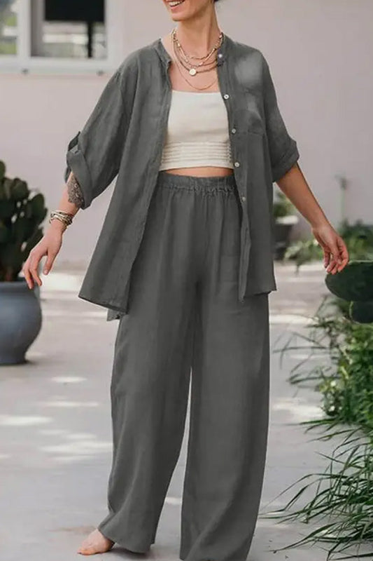 Conjunto de camisa y pantalón de color liso holgado informal