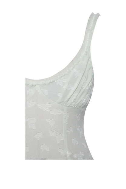 Vestido largo Ulissa verde claro con escote cuadrado, textura jacquard y abertura alta