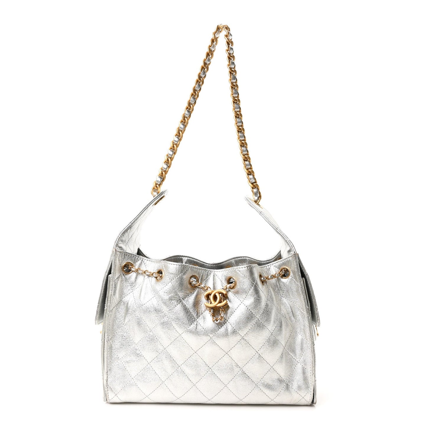 Metallic Caviar Quilted Small Chanel 25 Handbag Silver