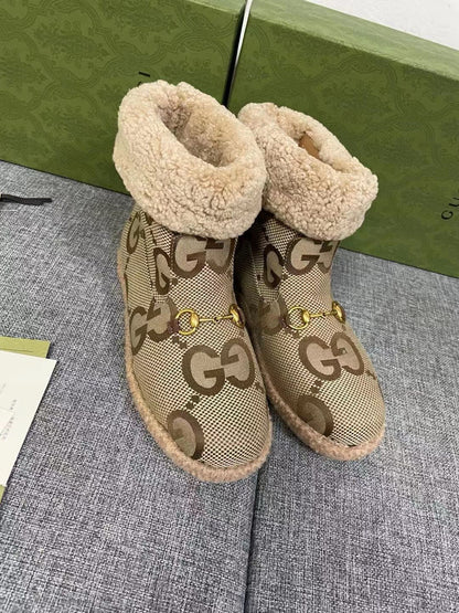 GG Horsebit Snow Boots Beige Woolen Fabric Fleece 576253