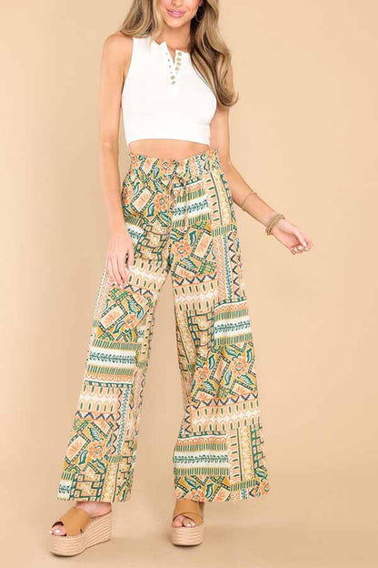 Pantalones rectos de pierna ancha y cintura alta con cordón ajustable