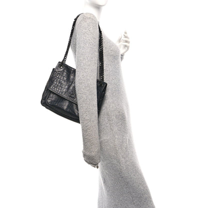 Crocodile Embossed Lambskin Monogram Medium Niki Chain Satchel Black