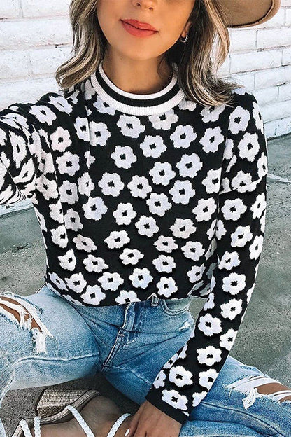 Suéter de punto con estampado floral y cuello alto, suéter ligero con bloques de color