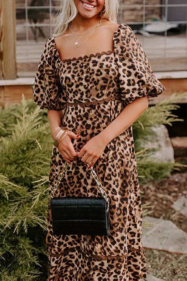 Vestido largo Ricrac con mangas abullonadas y estampado de leopardo marrón
