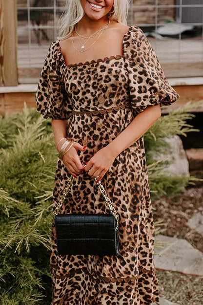 Vestido largo Ricrac con mangas abullonadas y estampado de leopardo marrón