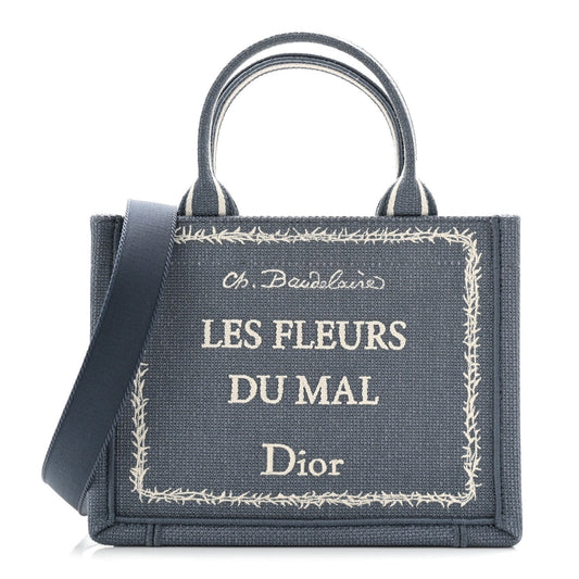 Canvas Embroidered Les Fleurs du Mal Mini Book Tote  Blue White