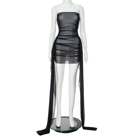 Mesh Ribbon Pleated Dress for Women