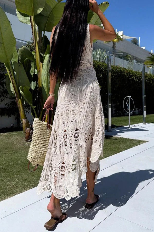 Falda larga con dobladillo irregular y cintura elástica con encaje de crochet para una escapada de verano 