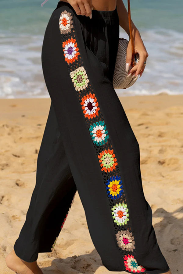 Pantalones Dimarco de lino, mezcla de colores, con flores de crochet y patchwork, cintura elástica y pierna ancha 