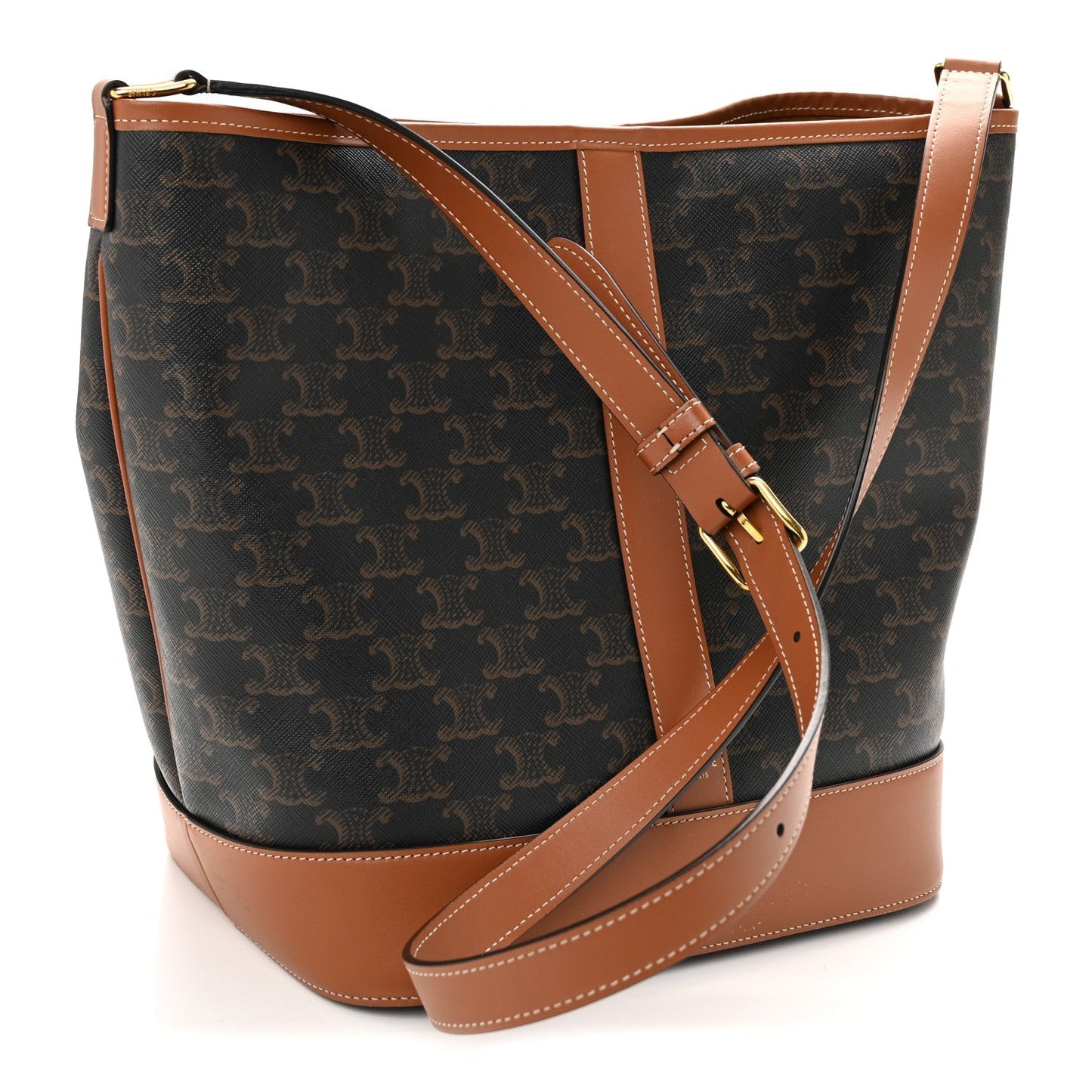 Triomphe Canvas Calfskin Medium Bucket Bag Tan