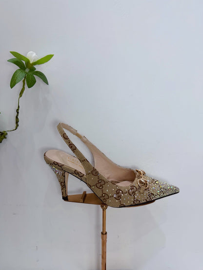 GG 26 Slingback Rhinestones Beige Brown Fabric 592425