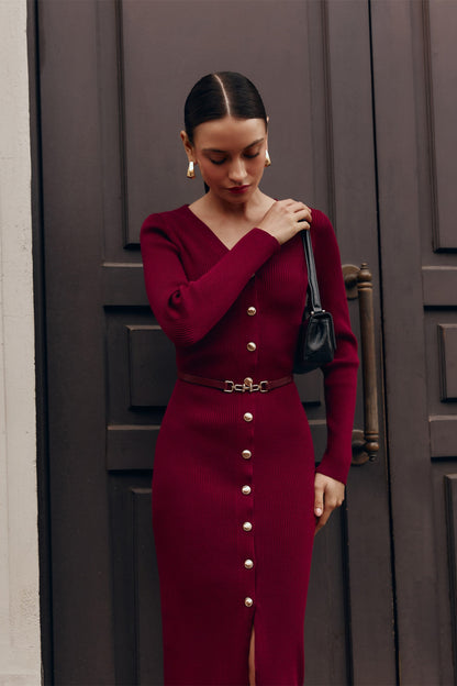 Vestido midi de punto con cuello en V Alva 