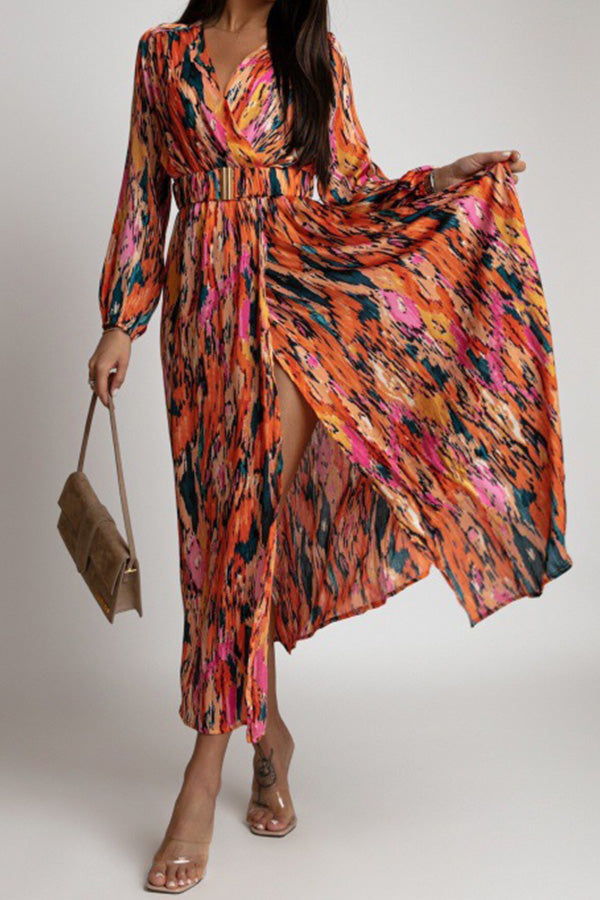 Vestido con cinturón y manga larga con escote en V y estampado de moda