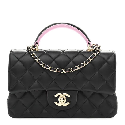 Lambskin Quilted Bi-Color Mini Top Handle Rectangular Flap Black Lilac