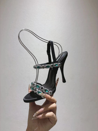 DG Sandals 10cm High Heel Green Crystal Embellished Black Silk