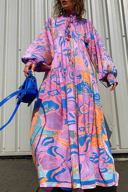 Vestido plisado de fiesta con mangas farol y lazo, estampado floral bohemio 