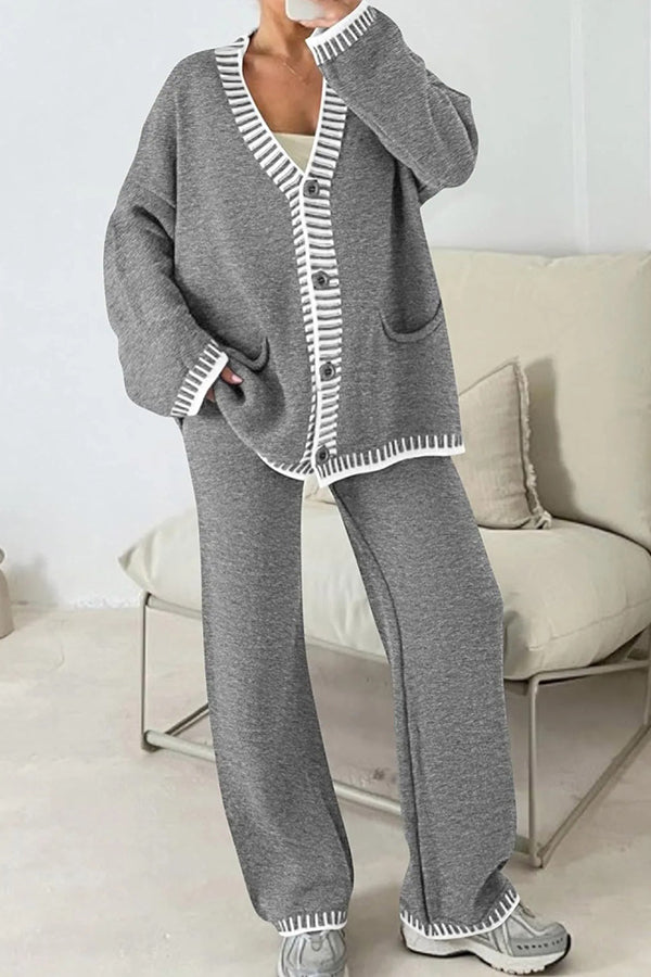 Conjunto de cárdigan informal de punto de manga larga con bolsillos y pantalones anchos y holgados con cintura elástica.