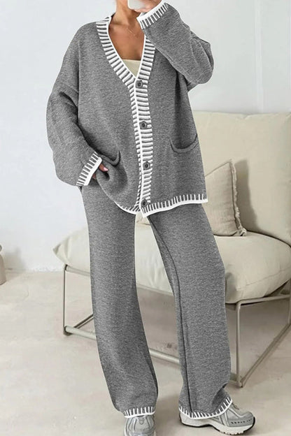 Conjunto de cárdigan informal de punto de manga larga con bolsillos y pantalones anchos y holgados con cintura elástica.