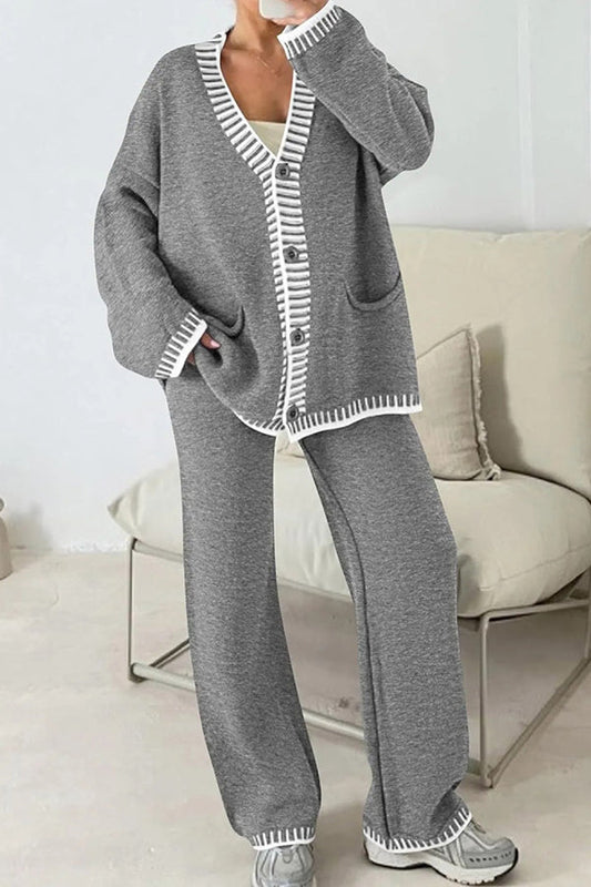 Conjunto de cárdigan informal de punto de manga larga con bolsillos y pantalones anchos y holgados con cintura elástica.