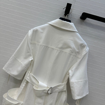 BV V-neck  Rolled-Up Sleeve Dress in White Tencel