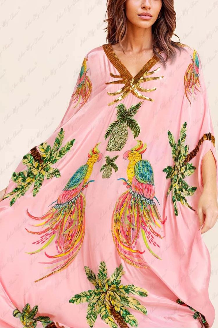 Vestido único con estampado de cocoteros y mangas caídas en los hombros