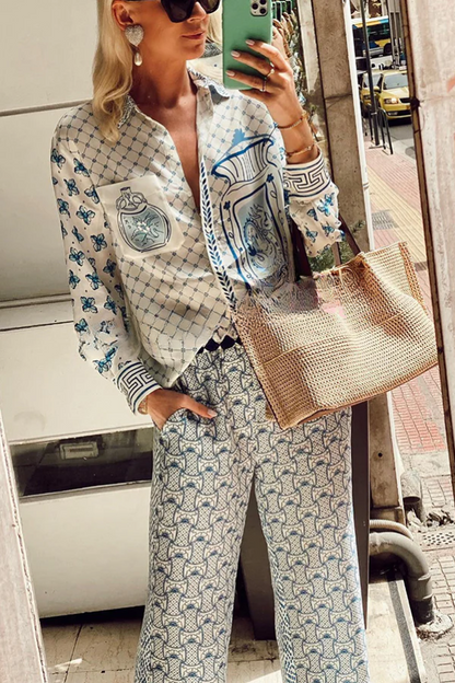 Conjunto de camisa holgada de manga larga y pantalón con cintura elástica con estampado único de dragón estilizado en satén