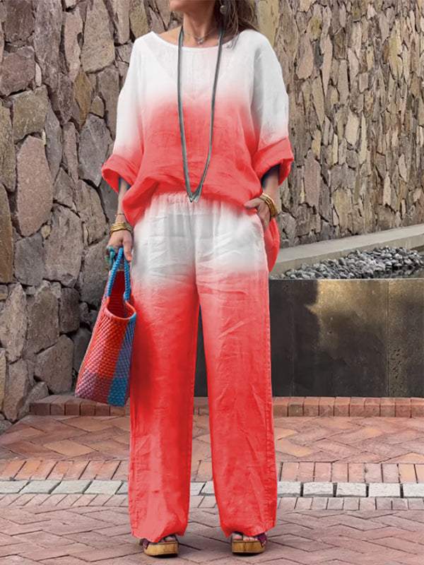 Conjunto de dos piezas de algodón y lino degradado para mujer 