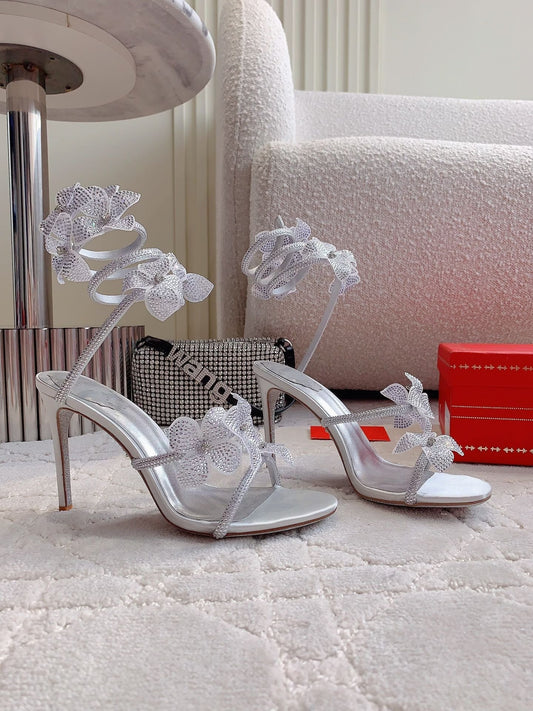 RC 2025 Margot High Heeled Sandal With Floral Embellishment Silver Leather 898021