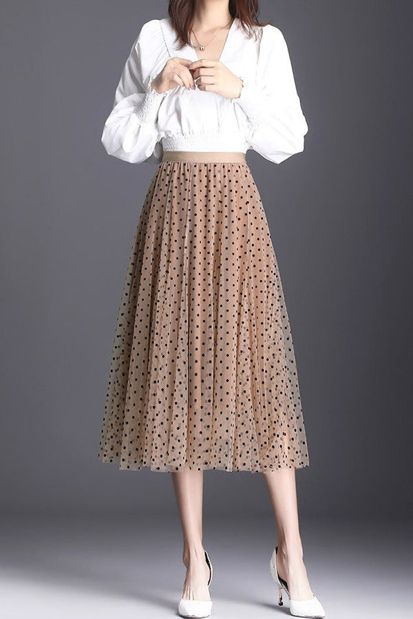 Vestido princesa con falda de gasa de cintura alta y lunares