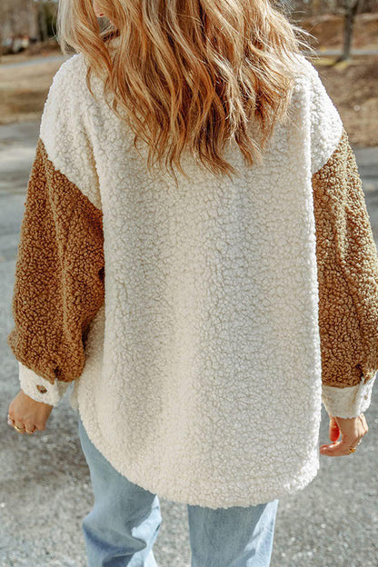 Abrigo de piel holgado con bloques de color y doble bolsillo de manga larga para otoño e invierno