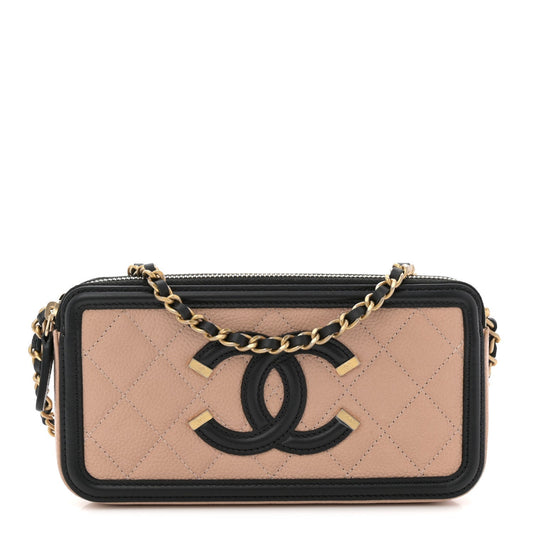 Caviar Quilted CC Filigree Clutch With Chain Beige Black